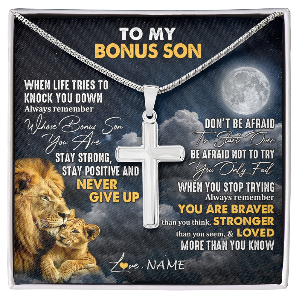 Stainless Cross Necklace Stainless Steel | 1 | Personalized To My Bonus Son Necklace From Stepdad Lion Never Give Up Stepson Birthday Graduation Christmas Jewelry Customized Gift Box Message Card | siriusteestore