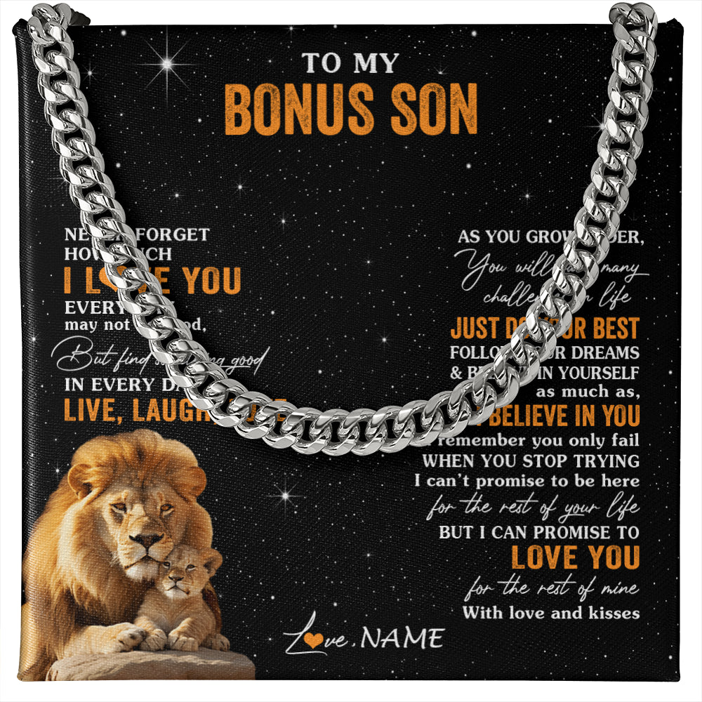 Cuban Link Chain Necklace Stainless Steel | 1 | Personalized To My Bonus Son Necklace From Stepdad Live Laugh Love Lion Stepson Birthday Gifts Positive Graduation Christmas Customized Gift Box Message Card | siriusteestore