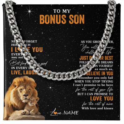 Cuban Link Chain Necklace Stainless Steel | 1 | Personalized To My Bonus Son Necklace From Stepdad Live Laugh Love Lion Stepson Birthday Gifts Positive Graduation Christmas Customized Gift Box Message Card | siriusteestore