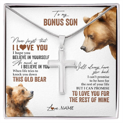 Stainless Cross Necklace Stainless Steel | 1 | Personalized To My Bonus Son Necklace From Stepdad Mom Never Forget That I Love You Bear Stepson Birthday Graduation Christmas Customized Gift Box Message Card | siriusteestore