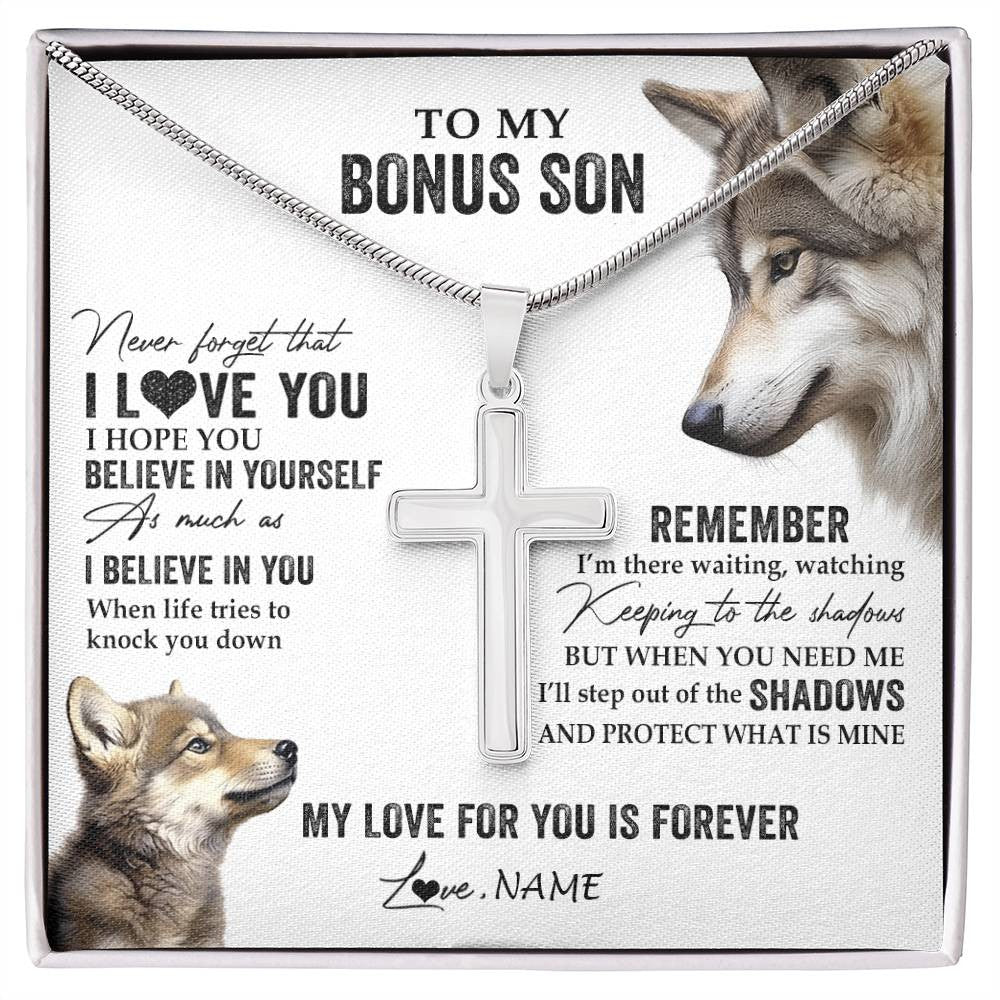 Stainless Cross Necklace Stainless Steel | 1 | Personalized To My Bonus Son Necklace From Stepdad Mom Wolf My Love For You Is Forever Stepson Birthday Graduation Christmas Customized Gift Box Message Card | siriusteestore