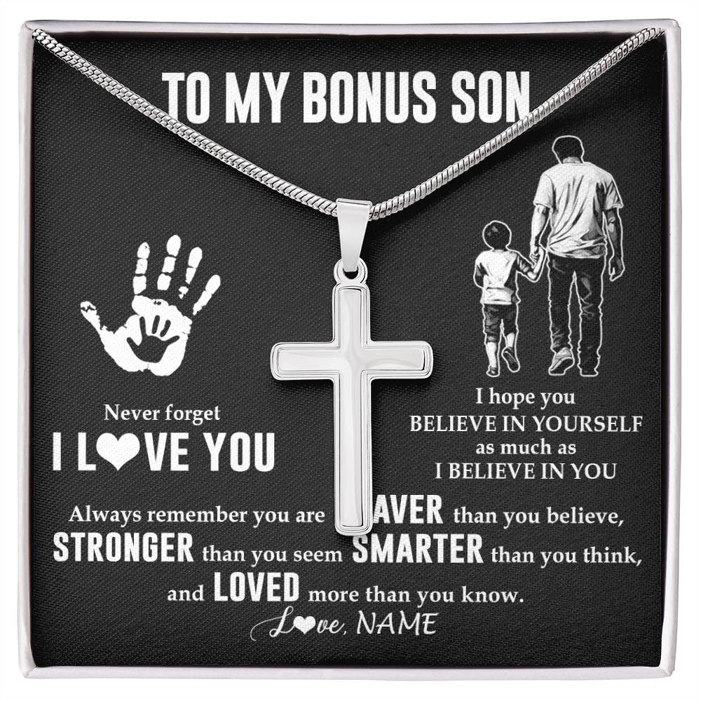 Stainless Cross Necklace Stainless Steel | 1 | Personalized To My Bonus Son Necklace From Stepdad Never Forget I Love You Stepson Birthday Gifts Christmas Graduation Customized Gift Box Message Card | siriusteestore