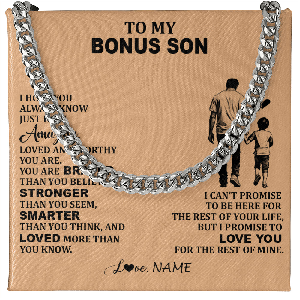 Cuban Link Chain Necklace Stainless Steel | 1 | Personalized To My Bonus Son Necklace From Stepdad Promise To Love You Stepson Birthday Gifts Graduation Jewelry Christmas Customized Gift Box Message Card | siriusteestore