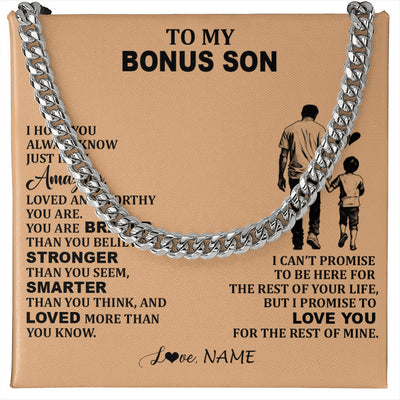 Cuban Link Chain Necklace Stainless Steel | 1 | Personalized To My Bonus Son Necklace From Stepdad Promise To Love You Stepson Birthday Gifts Graduation Jewelry Christmas Customized Gift Box Message Card | siriusteestore