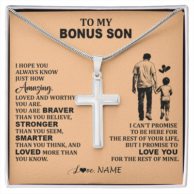 Stainless Cross Necklace Stainless Steel | 1 | Personalized To My Bonus Son Necklace From Stepdad Promise To Love You Stepson Birthday Gifts Graduation Jewelry Christmas Customized Gift Box Message Card | siriusteestore