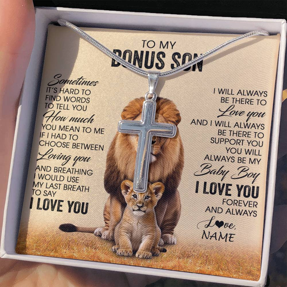 Stainless Cross Necklace Stainless Steel | 2 | Personalized To My Bonus Son Necklace From Stepdad Sometimes It's Hard Lion Stepson Gift Birthday Graduation Christmas Customized Gift Box Message Card | siriusteestore