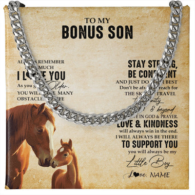 Cuban Link Chain Necklace Stainless Steel | 1 | Personalized To My Bonus Son Necklace From Stepdad Stepmom Always Remember I Love You Horse Stepson Birthday Gifts Christmas Customized Gift Box Message Card | siriusteestore