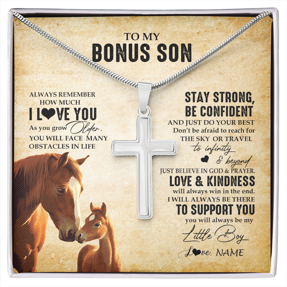 Stainless Cross Necklace Stainless Steel | 1 | Personalized To My Bonus Son Necklace From Stepdad Stepmom Always Remember I Love You Horse Stepson Birthday Gifts Christmas Customized Gift Box Message Card | siriusteestore
