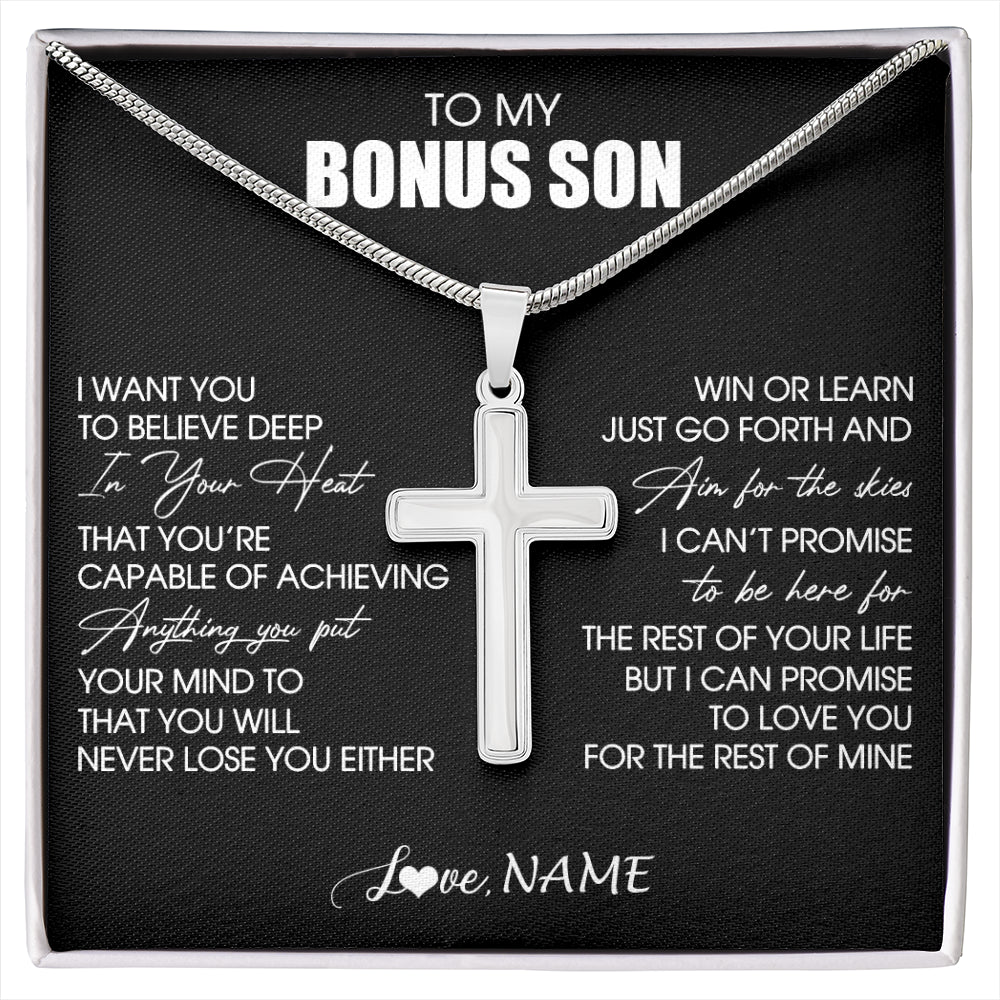 Stainless Cross Necklace Stainless Steel | 1 | Personalized To My Bonus Son Necklace From Stepdad Stepmom Believe Deep In Your Heart Birthday Jewelry For Men Christmas Customized Gift Box Message Card | siriusteestore