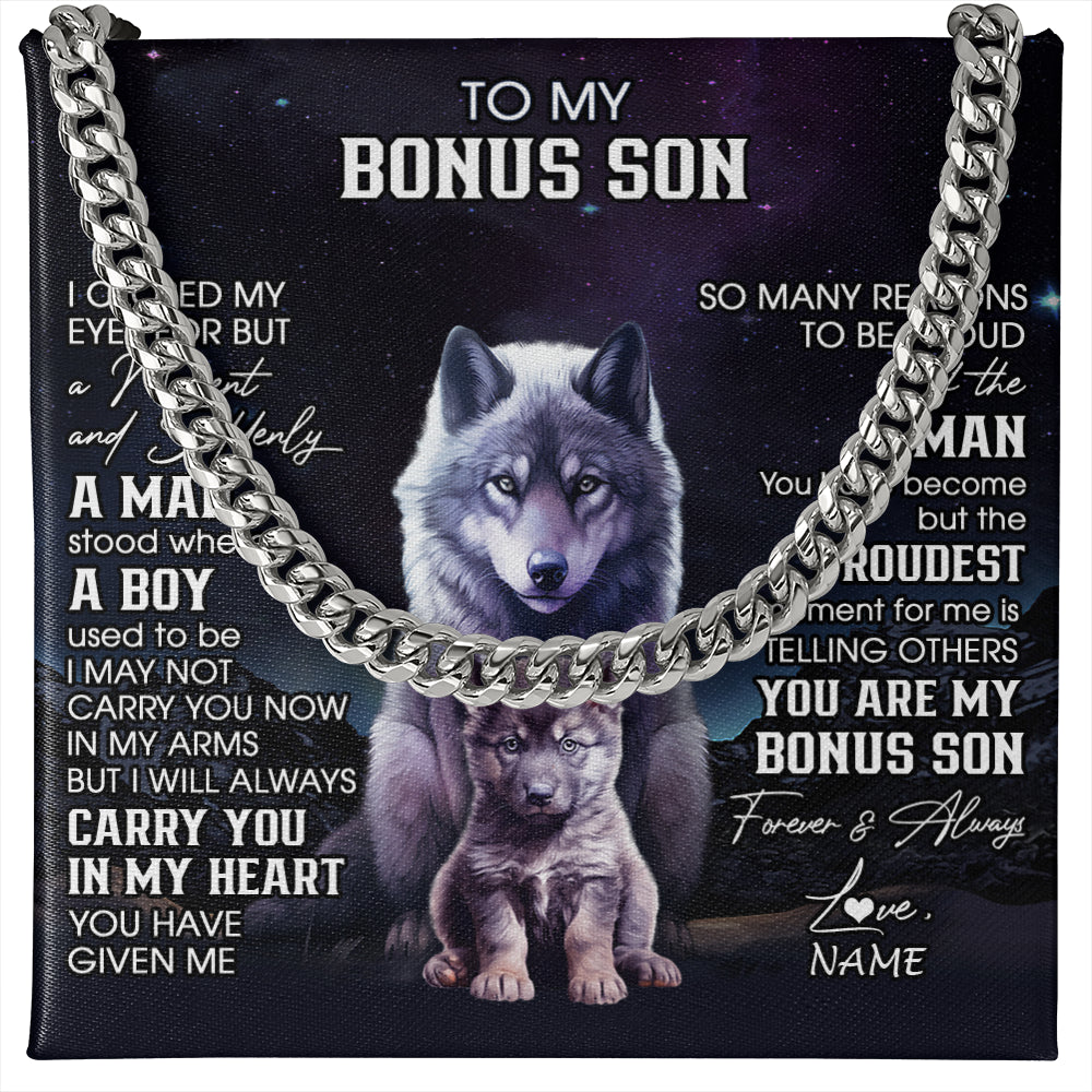 Cuban Link Chain Necklace Stainless Steel | 1 | Personalized To My Bonus Son Necklace From Stepdad Stepmom I Close My Eyes Wolf Stepson Birthday Gifts Graduation Christmas Customized Gift Box Message Card | siriusteestore