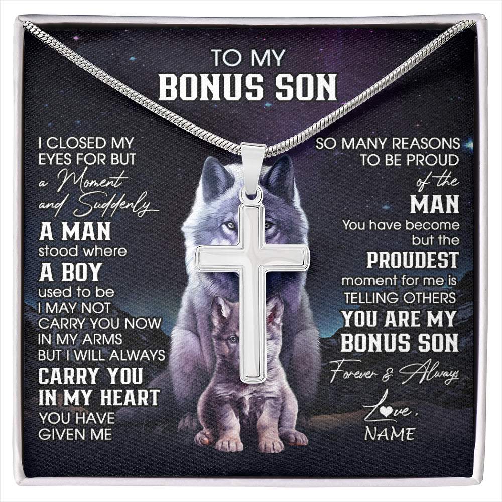 Stainless Cross Necklace Stainless Steel | 1 | Personalized To My Bonus Son Necklace From Stepdad Stepmom I Close My Eyes Wolf Stepson Birthday Gifts Graduation Christmas Customized Gift Box Message Card | siriusteestore