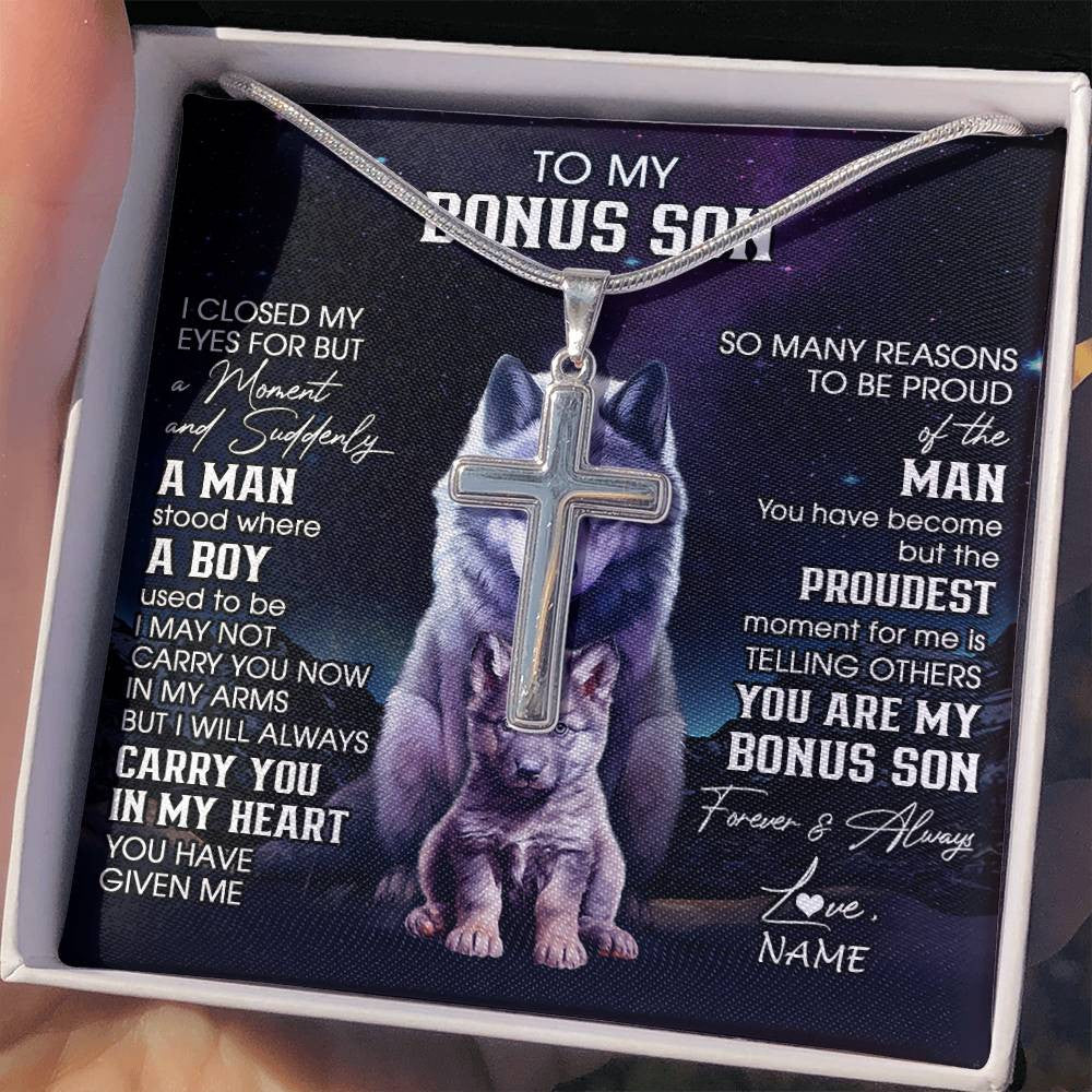 Stainless Cross Necklace Stainless Steel | 2 | Personalized To My Bonus Son Necklace From Stepdad Stepmom I Close My Eyes Wolf Stepson Birthday Gifts Graduation Christmas Customized Gift Box Message Card | siriusteestore