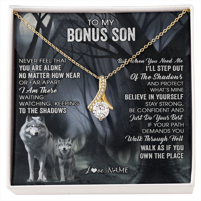 Alluring Beauty Necklace 18K Yellow Gold Finish | 1 | Personalized To My Bonus Son Necklace From Stepdad Stepmom Never Feel That You Are Alone Wolf Birthday Graduation Christmas Customized Gift Box Message Card | siriusteestore