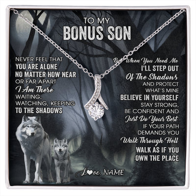 Alluring Beauty Necklace 14K White Gold Finish | 1 | Personalized To My Bonus Son Necklace From Stepdad Stepmom Never Feel That You Are Alone Wolf Birthday Graduation Christmas Customized Gift Box Message Card | siriusteestore