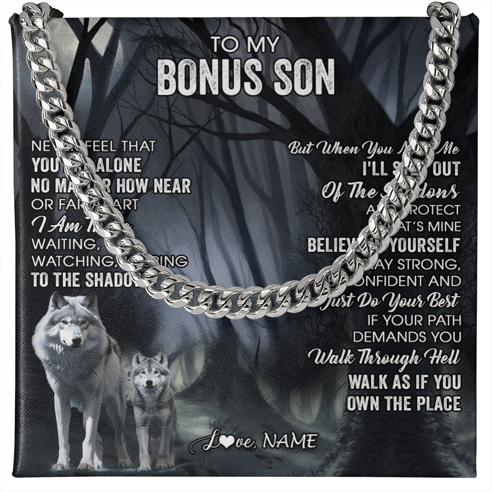 Cuban Link Chain Necklace Stainless Steel | 1 | Personalized To My Bonus Son Necklace From Stepdad Stepmom Never Feel That You Are Alone Wolf Birthday Graduation Christmas Customized Gift Box Message Card | siriusteestore