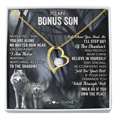 Forever Love Necklace 18K Yellow Gold Finish | 1 | Personalized To My Bonus Son Necklace From Stepdad Stepmom Never Feel That You Are Alone Wolf Birthday Graduation Christmas Customized Gift Box Message Card | siriusteestore