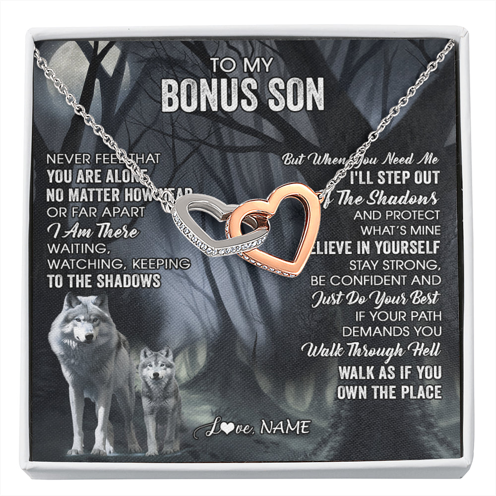 Interlocking Hearts Necklace Stainless Steel & Rose Gold Finish | 1 | Personalized To My Bonus Son Necklace From Stepdad Stepmom Never Feel That You Are Alone Wolf Birthday Graduation Christmas Customized Gift Box Message Card | siriusteestore