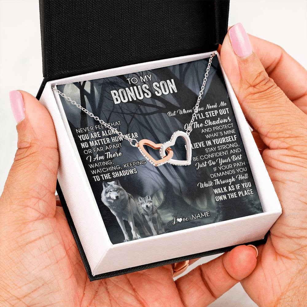 Interlocking Hearts Necklace Stainless Steel & Rose Gold Finish | 2 | Personalized To My Bonus Son Necklace From Stepdad Stepmom Never Feel That You Are Alone Wolf Birthday Graduation Christmas Customized Gift Box Message Card | siriusteestore
