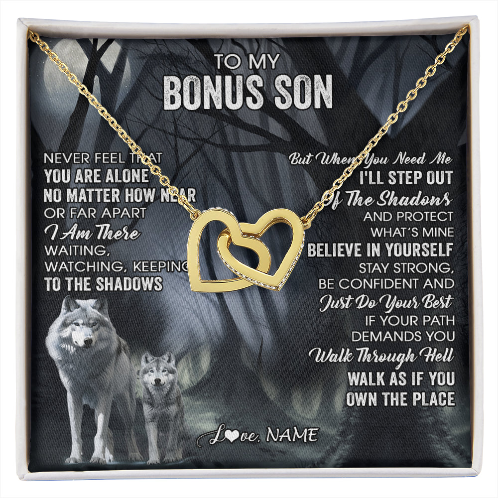 Interlocking Hearts Necklace 18K Yellow Gold Finish | 1 | Personalized To My Bonus Son Necklace From Stepdad Stepmom Never Feel That You Are Alone Wolf Birthday Graduation Christmas Customized Gift Box Message Card | siriusteestore