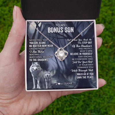 Love Knot Necklace 14K White Gold Finish | 2 | Personalized To My Bonus Son Necklace From Stepdad Stepmom Never Feel That You Are Alone Wolf Birthday Graduation Christmas Customized Gift Box Message Card | siriusteestore