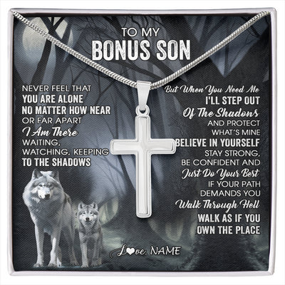 Stainless Cross Necklace Stainless Steel | 1 | Personalized To My Bonus Son Necklace From Stepdad Stepmom Never Feel That You Are Alone Wolf Birthday Graduation Christmas Customized Gift Box Message Card | siriusteestore