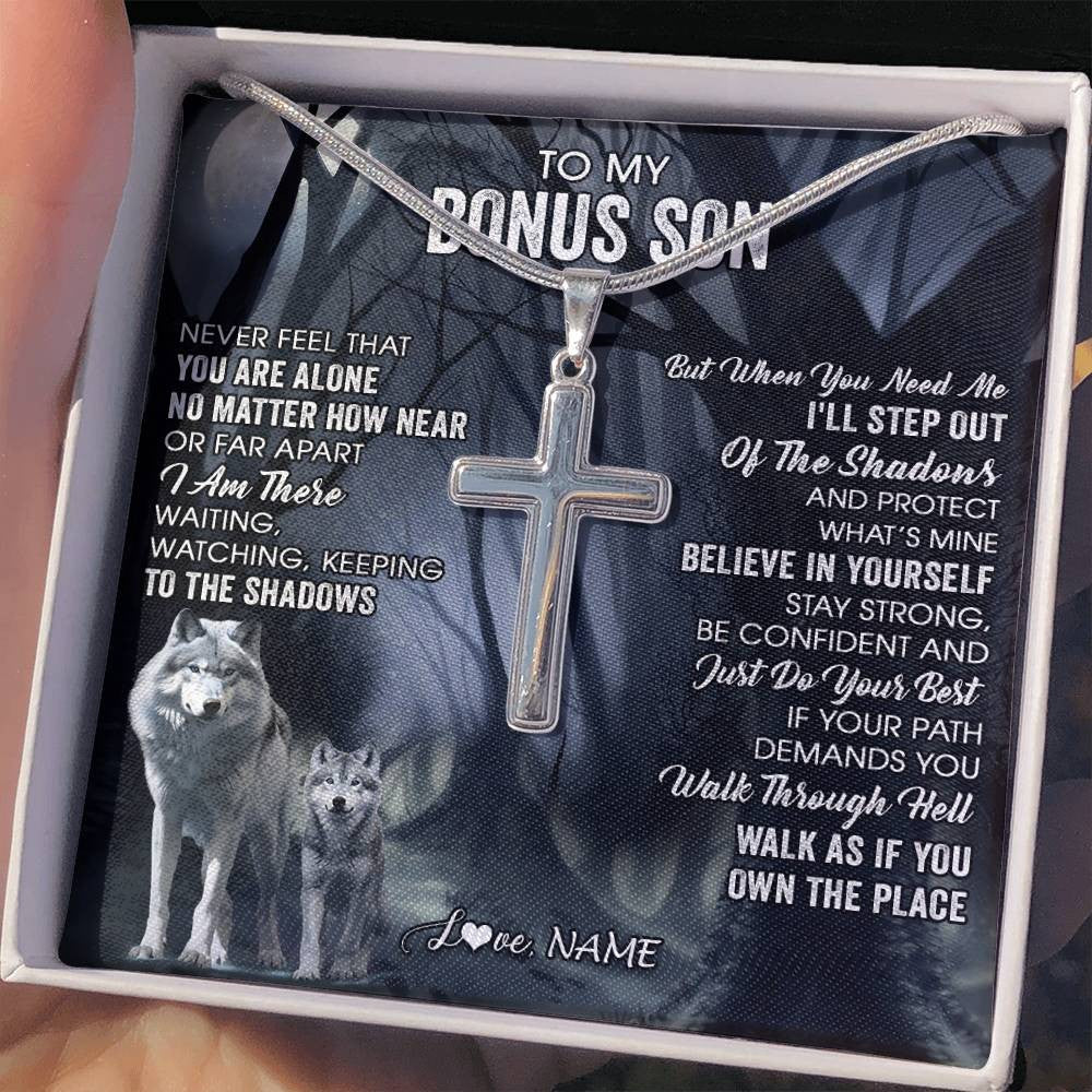 Stainless Cross Necklace Stainless Steel | 2 | Personalized To My Bonus Son Necklace From Stepdad Stepmom Never Feel That You Are Alone Wolf Birthday Graduation Christmas Customized Gift Box Message Card | siriusteestore