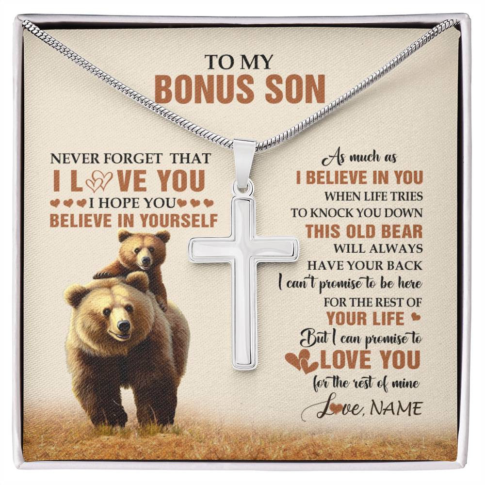Stainless Cross Necklace Stainless Steel | 1 | Personalized To My Bonus Son Necklace From Stepdad Stepmom This Old Bear Love You Stepson Birthday Gifts Graduation Christmas Customized Gift Box Message Card | siriusteestore