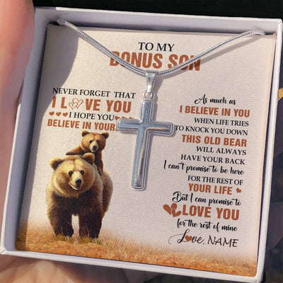 Stainless Cross Necklace Stainless Steel | 2 | Personalized To My Bonus Son Necklace From Stepdad Stepmom This Old Bear Love You Stepson Birthday Gifts Graduation Christmas Customized Gift Box Message Card | siriusteestore