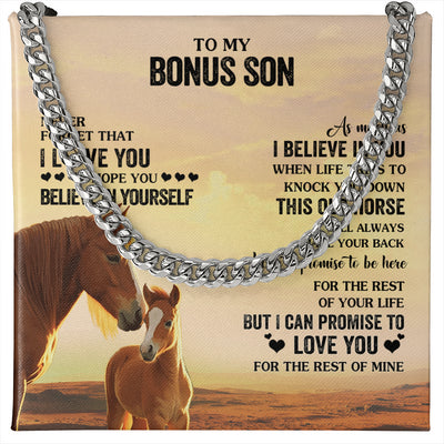Cuban Link Chain Necklace Stainless Steel | 1 | Personalized To My Bonus Son Necklace From Stepdad Stepmom This Old Horse Love You Stepson Birthday Graduation Christmas Customized Gift Box Message Card | siriusteestore