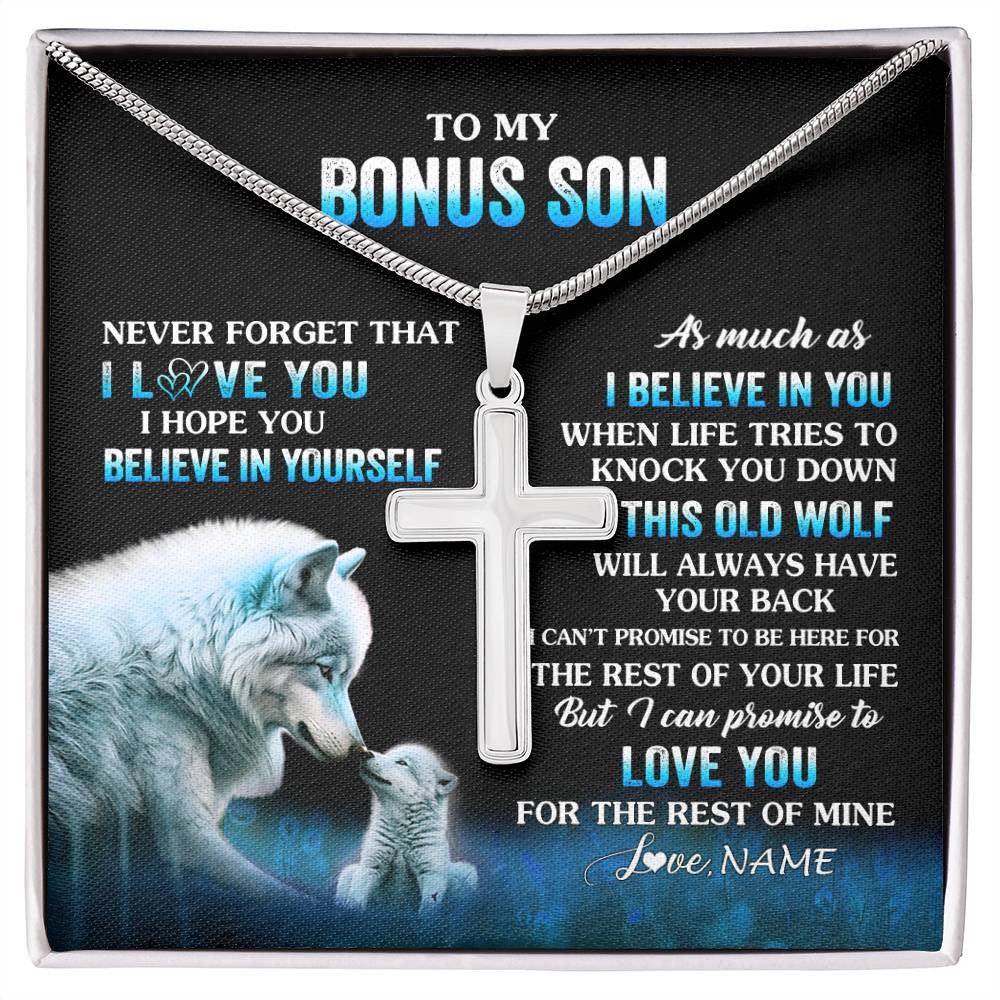 Stainless Cross Necklace Stainless Steel | 1 | Personalized To My Bonus Son Necklace From Stepdad Stepmom This Old Wolf Love Stepson Birthday Gifts Graduation Christmas Customized Gift Box Message Card | siriusteestore