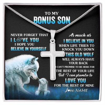 Stainless Cross Necklace Stainless Steel | 1 | Personalized To My Bonus Son Necklace From Stepdad Stepmom This Old Wolf Love Stepson Birthday Gifts Graduation Christmas Customized Gift Box Message Card | siriusteestore