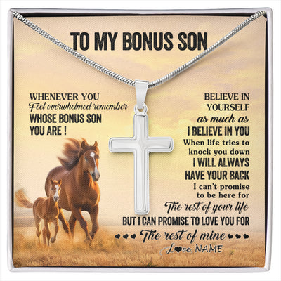 Stainless Cross Necklace Stainless Steel | 1 | Personalized To My Bonus Son Necklace From Stepdad Stepmom Whenever You Feel Horse Stepson Birthday Graduation Christmas Customized Gift Box Message Card | siriusteestore