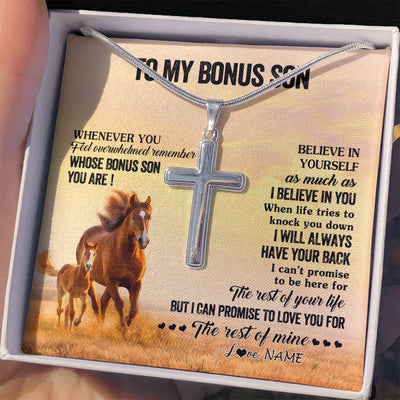 Stainless Cross Necklace Stainless Steel | 2 | Personalized To My Bonus Son Necklace From Stepdad Stepmom Whenever You Feel Horse Stepson Birthday Graduation Christmas Customized Gift Box Message Card | siriusteestore