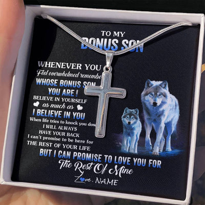 Stainless Cross Necklace Stainless Steel | 2 | Personalized To My Bonus Son Necklace From Stepdad Stepmom Whenever You Feel Wolf Stepson Birthday Gifts Graduation Christmas Customized Gift Box Message Card | siriusteestore
