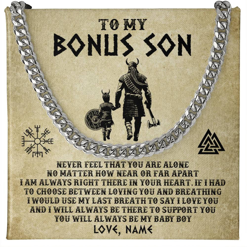 Cuban Link Chain Necklace Stainless Steel | 1 | Personalized To My Bonus Son Necklace From Stepdad Viking Never Feel That You Are Alone Viking Stepson Birthday Gifts Christmas Jewelry Gift Box Message Card | siriusteestore