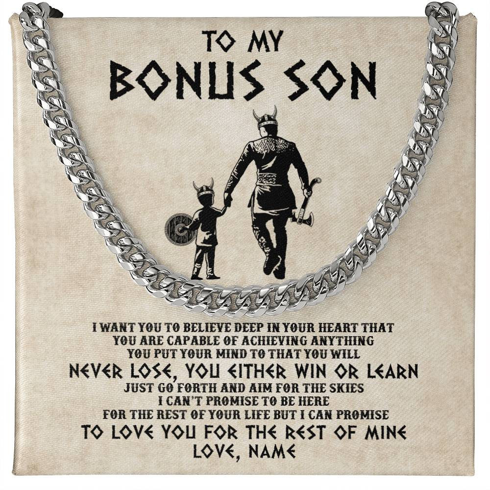 Cuban Link Chain Necklace Stainless Steel | 1 | Personalized To My Bonus Son Necklace From Stepdad You Will Never Lose Viking Stepson Birthday Graduation Christmas Customized Gift Box Message Card | siriusteestore