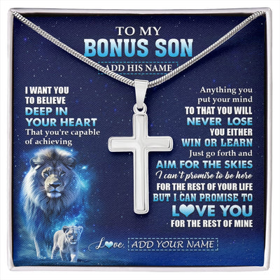 Stainless Cross Necklace Stainless Steel | 1 | Personalized To My Bonus Son Necklace From Stepfather Believe Your Heart Stepson Gift Birthday Graduation Christmas Customized Gift Box Message Card | siriusteestore.myshopify