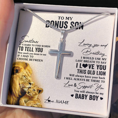 Stainless Cross Necklace Stainless Steel | 2 | Personalized To My Bonus Son Necklace From Stepfather I Love You This Old Lion Stepson Birthday Graduation Christmas Customized Gift Box Message Card | siriusteestore