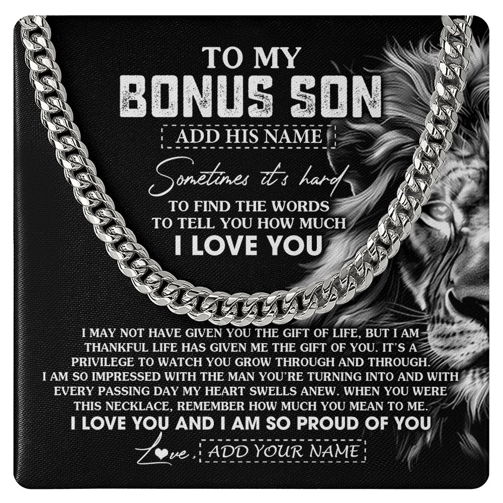 Cuban Link Chain Necklace Stainless Steel | 1 | Personalized To My Bonus Son Necklace From Stepfather Stepson Gifts From Stepmom Stepdad Lion Custom Birthday Christmas Graduation Gift Box Message Card | https://siriusteestore.