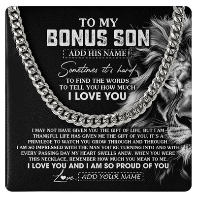 Cuban Link Chain Necklace Stainless Steel | 1 | Personalized To My Bonus Son Necklace From Stepfather Stepson Gifts From Stepmom Stepdad Lion Custom Birthday Christmas Graduation Gift Box Message Card | https://siriusteestore.
