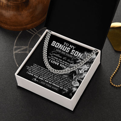 Cuban Link Chain Necklace Stainless Steel | 2 | Personalized To My Bonus Son Necklace From Stepfather Stepson Gifts From Stepmom Stepdad Lion Custom Birthday Christmas Graduation Gift Box Message Card | https://siriusteestore.