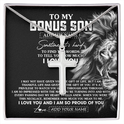 Stainless Cross Necklace Stainless Steel | 1 | Personalized To My Bonus Son Necklace From Stepfather Stepson Gifts From Stepmom Stepdad Lion Custom Birthday Christmas Graduation Gift Box Message Card | https://siriusteestore.