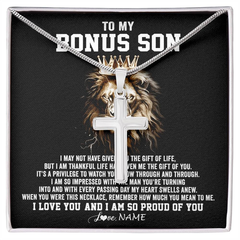 Stainless Cross Necklace Stainless Steel | 1 | Personalized To My Bonus Son Necklace From Stepmom And Stepdad Proud Of You Stepson Birthday Gifts Gifts Graduation Christmas Customized Gift Box Message Card | siriusteestore