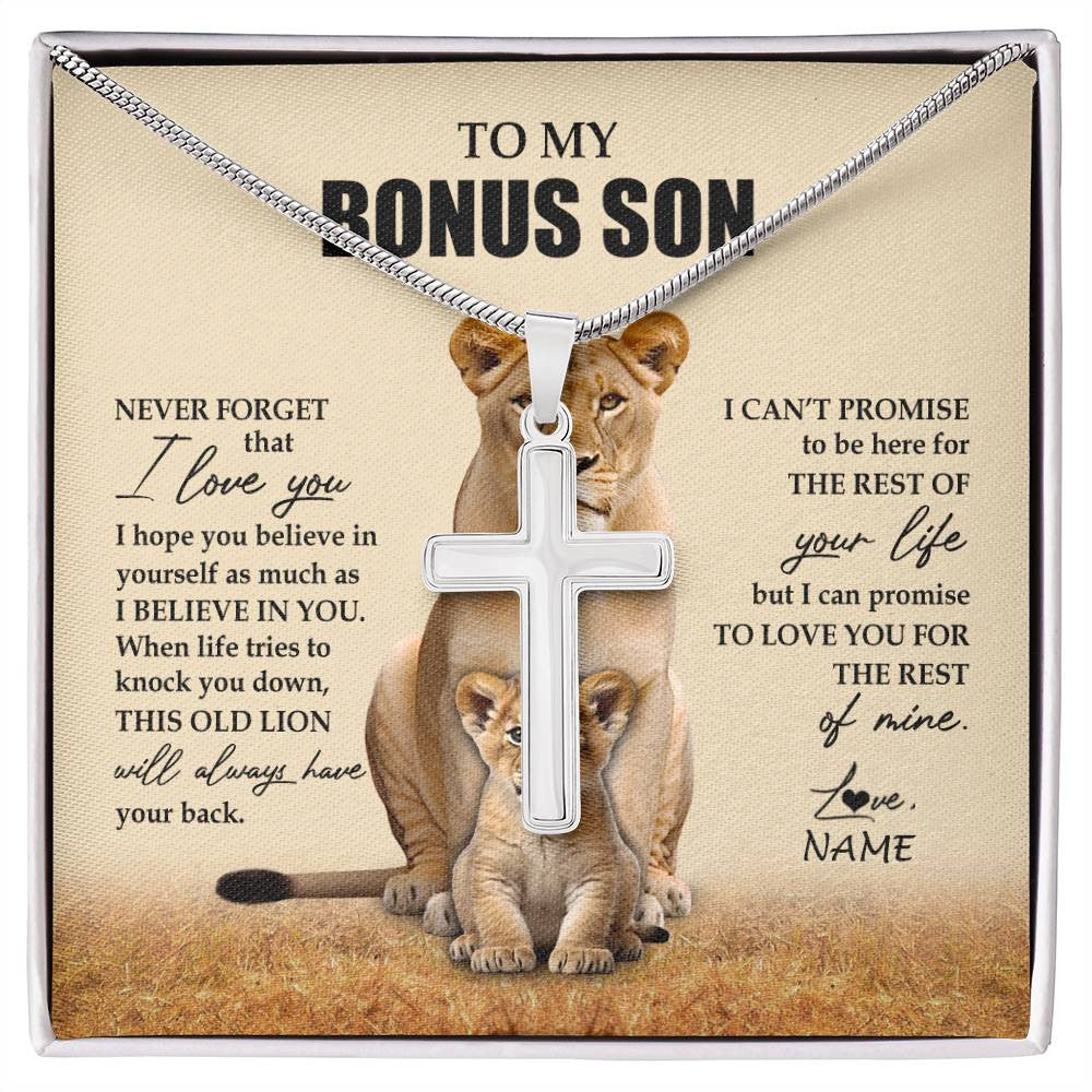 Stainless Cross Necklace Stainless Steel | 1 | Personalized To My Bonus Son Necklace From Stepmom Lion Never Forget That I Love You Stepson Jewelry Birthday Graduation Christmas Customized Message Card | siriusteestore