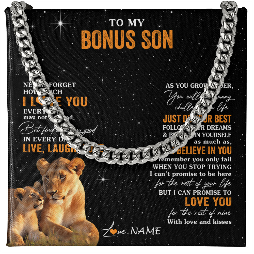 Cuban Link Chain Necklace Stainless Steel | 1 | Personalized To My Bonus Son Necklace From Stepmom Live Laugh Love Lion Stepson Birthday Gifts Positive Graduation Christmas Customized Gift Box Message Card | siriusteestore