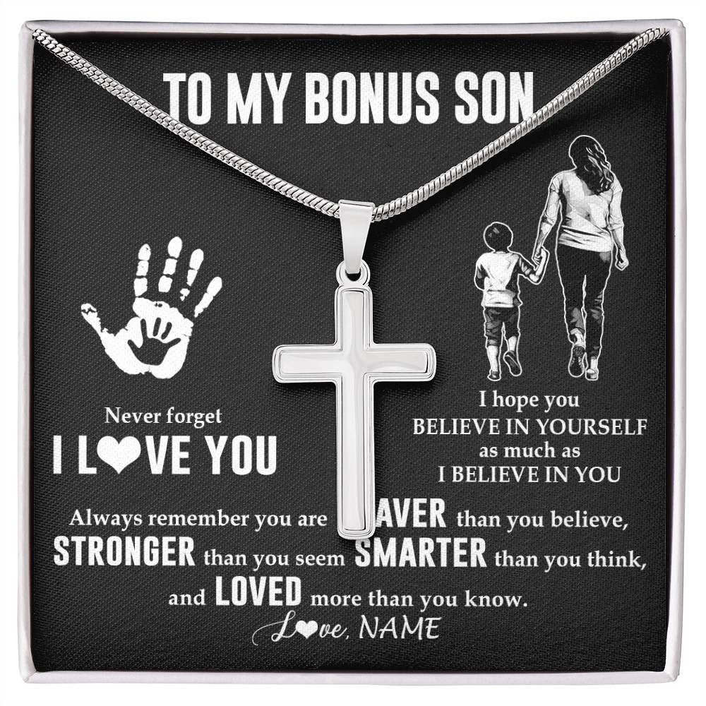 Stainless Cross Necklace Stainless Steel | 1 | Personalized To My Bonus Son Necklace From Stepmom Never Forget I Love You Stepson Birthday Gifts Christmas Graduation Customized Gift Box Message Card | siriusteestore