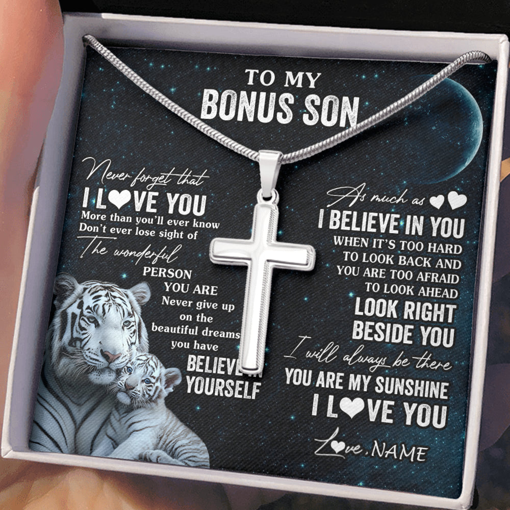 Stainless Cross Necklace Stainless Steel | 2 | Personalized To My Bonus Son Necklace From Stepmom Never Forget I Love You White Tiger Stepson Birthday Graduation Christmas Customized Gift Box Message Card | siriusteestore