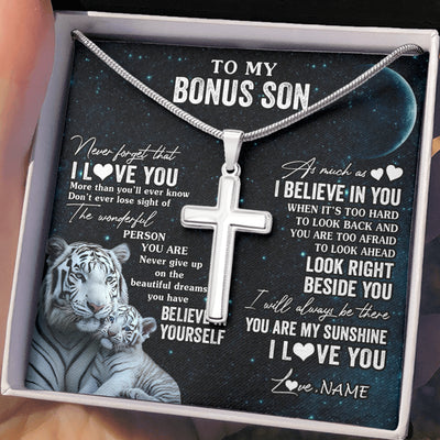 Stainless Cross Necklace Stainless Steel | 2 | Personalized To My Bonus Son Necklace From Stepmom Never Forget I Love You White Tiger Stepson Birthday Graduation Christmas Customized Gift Box Message Card | siriusteestore