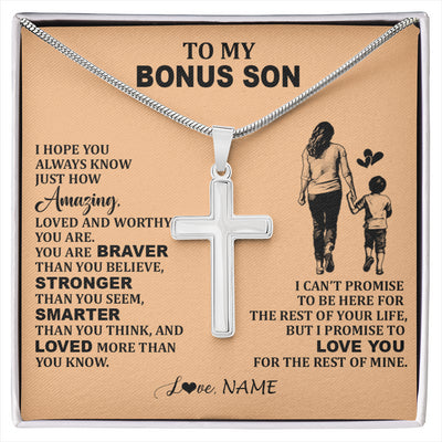 Stainless Cross Necklace Stainless Steel | 1 | Personalized To My Bonus Son Necklace From Stepmom Promise To Love You Stepson Birthday Gifts Jewelry Graduation Christmas Customized Gift Box Message Card | siriusteestore
