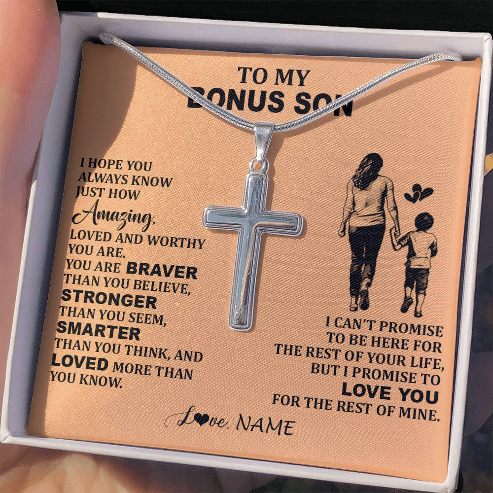 Stainless Cross Necklace Stainless Steel | 2 | Personalized To My Bonus Son Necklace From Stepmom Promise To Love You Stepson Birthday Gifts Jewelry Graduation Christmas Customized Gift Box Message Card | siriusteestore